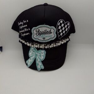 Hand Crafted Black Cap with Patches and Pearls